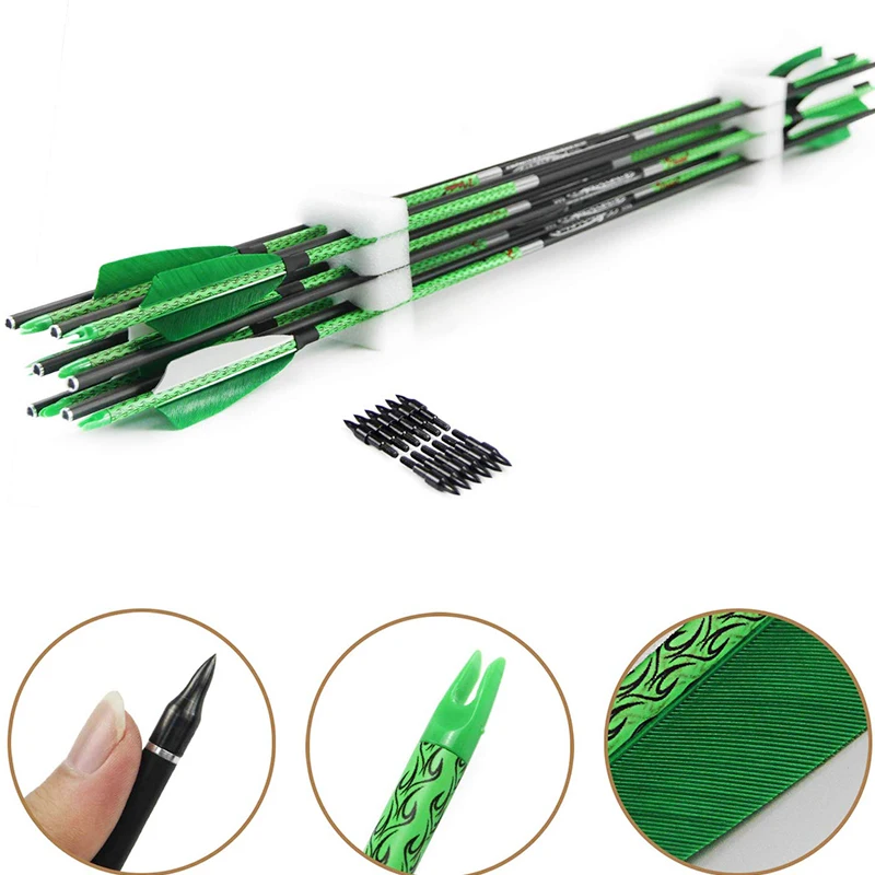 Pinals Carbon Arrows Spine 300 340 400 500 600 Shaft Turkey Feather Arrows Compound Recurve Bow Hunting Archery Green Camo