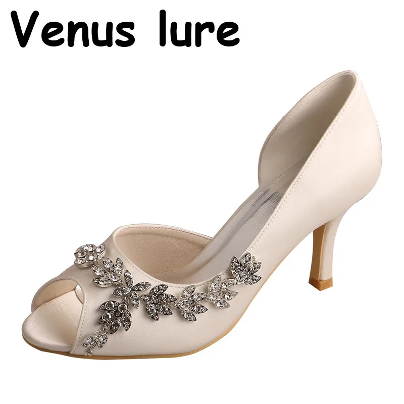 Venus lure Customized Womens Shoes Evening Wear Medium Heel Marfil Satin Bride Shoes