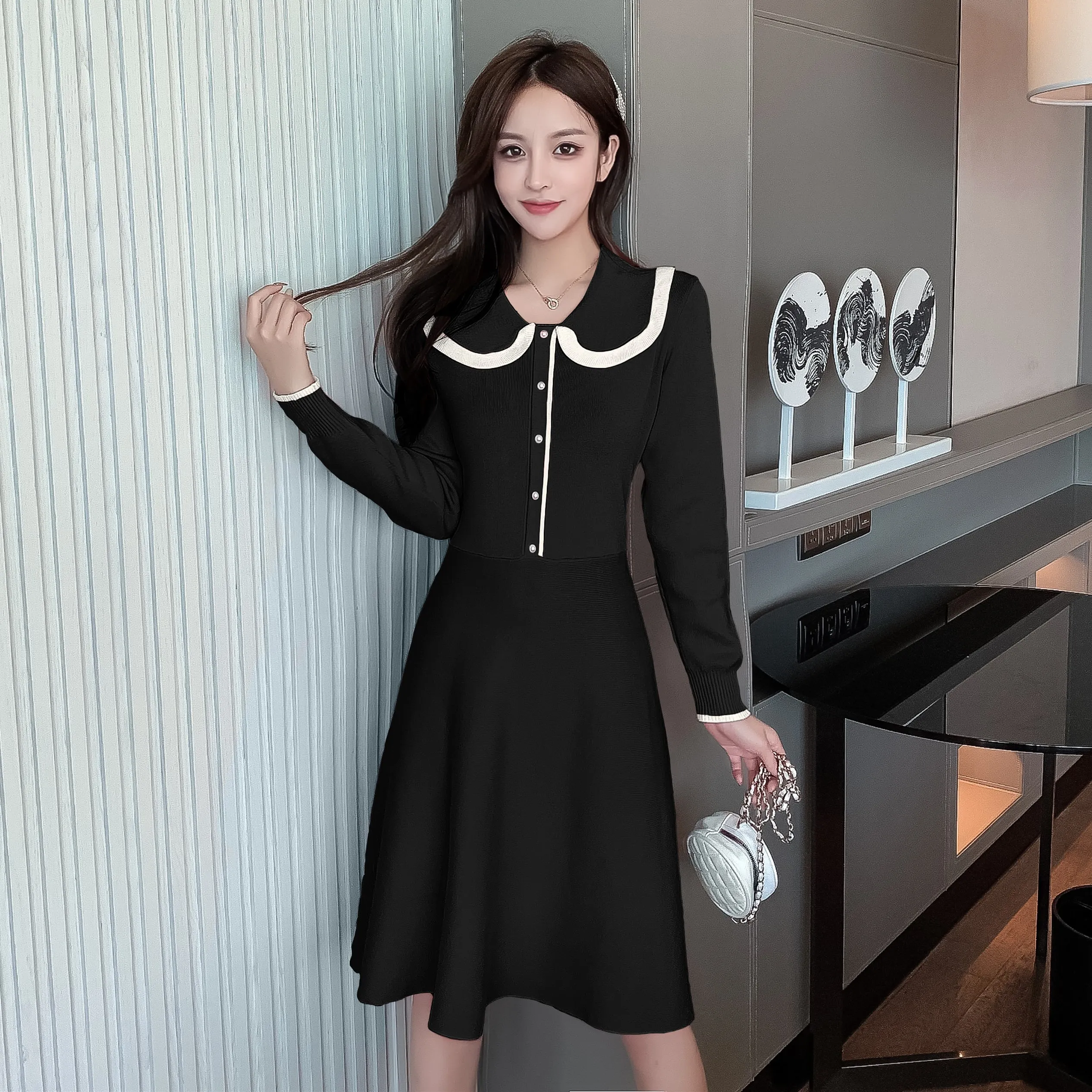 Woman Dress New Autumn and Winter Sweet Doll Collar Knitted Dress French Retro Mid-length Base Long Sleeve Pure Color Dresses