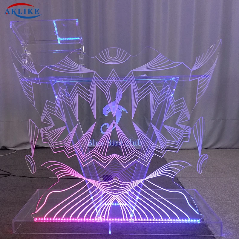 2024 AKLIKE Organic Glass Fashionable Bar DJ Table Acrylic Led Illuminated DJ Table For Night Club Customized Size Dj Table