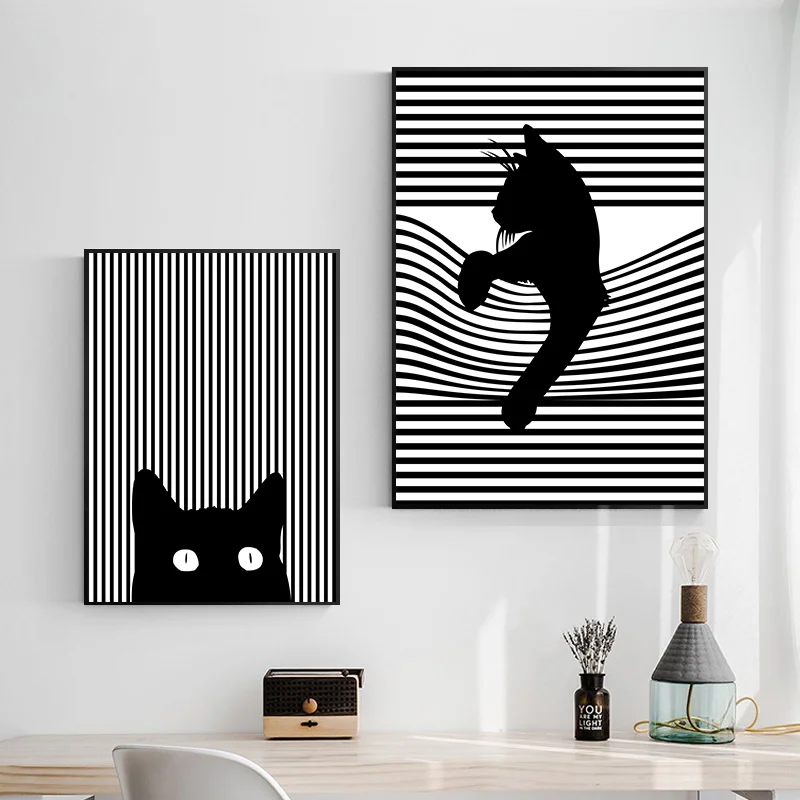 

Black White Cat Canvas Painting Posters Abstract Line Wall Art Nordic Posters and Prints Pictures For Living Room Home Decor