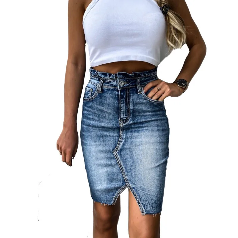 Casual High Waist Denim Skirt Ruffle Light Wash Women Distressed Mini Pencil Skirt ladies Sexy Ripped Summer Vintage Jeans Skirt