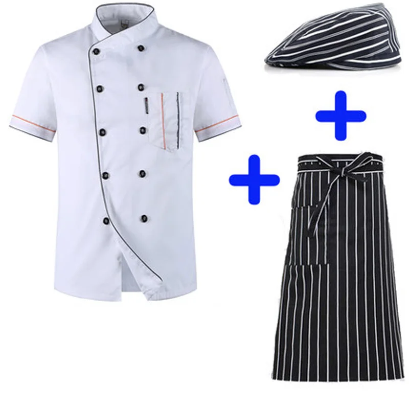 Chefs verão conjunto de manga curta restaurante do hotel cozinha workwear masculino feminino juventude respirável jaqueta fina + chapéu avental cozinheiro casaco