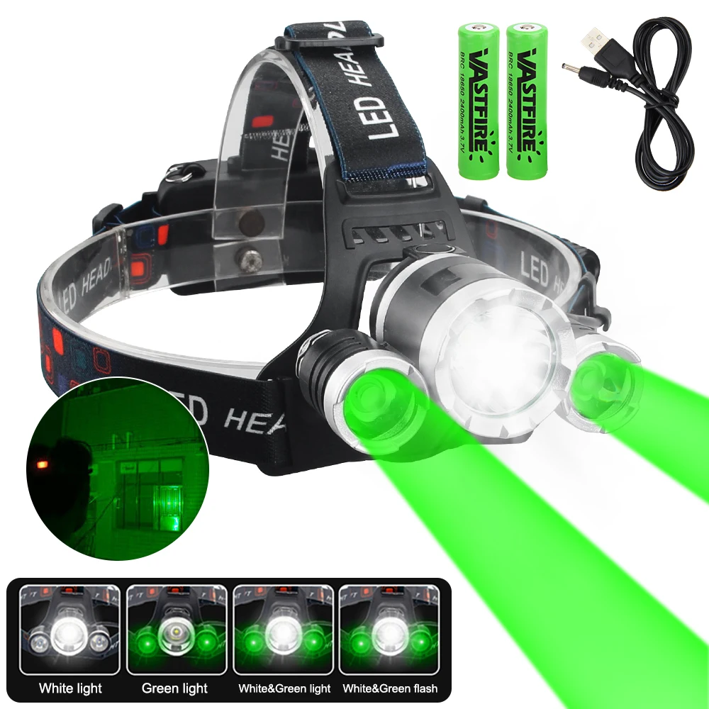 Outdoor Green/Red/UV395nm+White Dual Light Headlamp 4 Modes Headlight USB Charging Fixed Focus Head Lamp for Camping Fishing