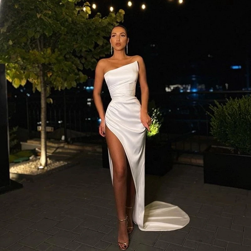 Ivory Party Gowns Sheath Strapless Floor length Front/Side Slit Evening Dresses Sweep/Brush Sleeveless Fold\\Ruffle