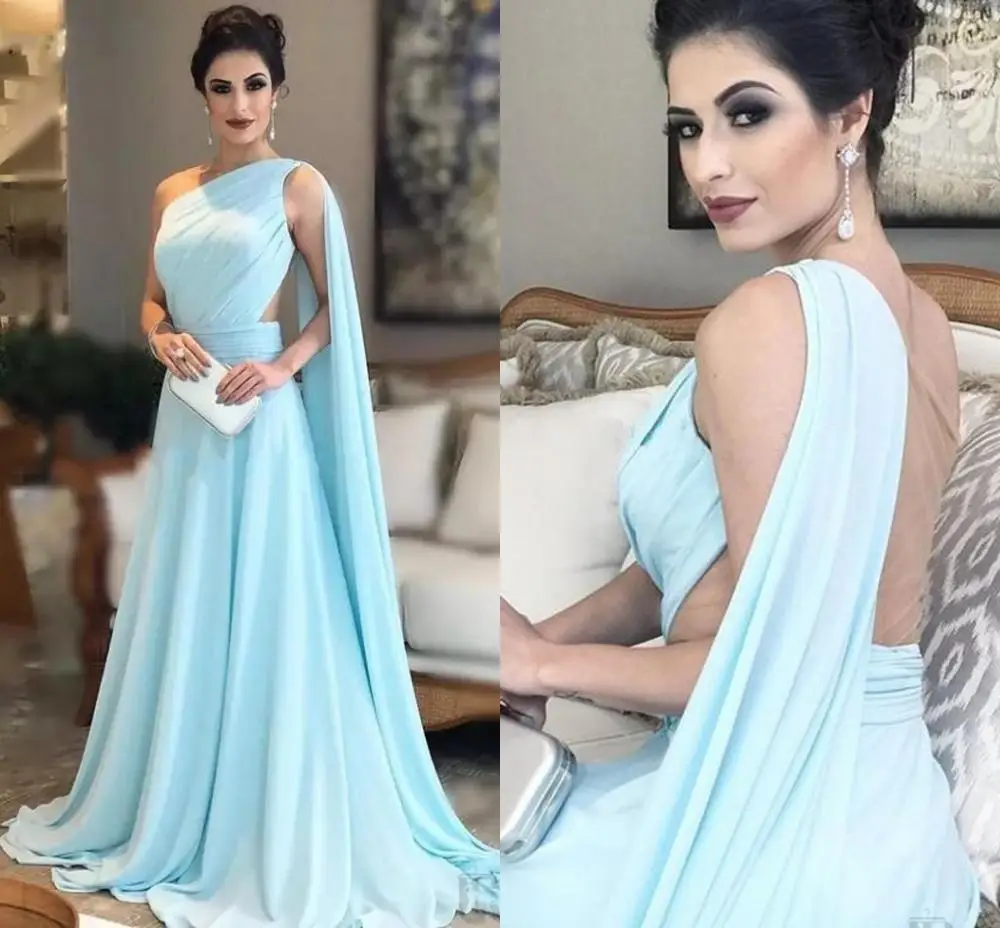 

One Shoulder Light Sky Blue Evening Dresses Pleated Chiffon Floor Length Saudi Arabic Prom Dresses Elegant Women Formal Gowns
