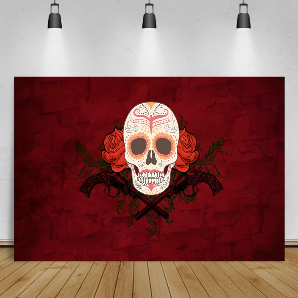 

Laeacco Skeleton Day of The Dead Mexican Festival Red Photo Background Rose Flower Photocall Poster Backdrop For Photographic