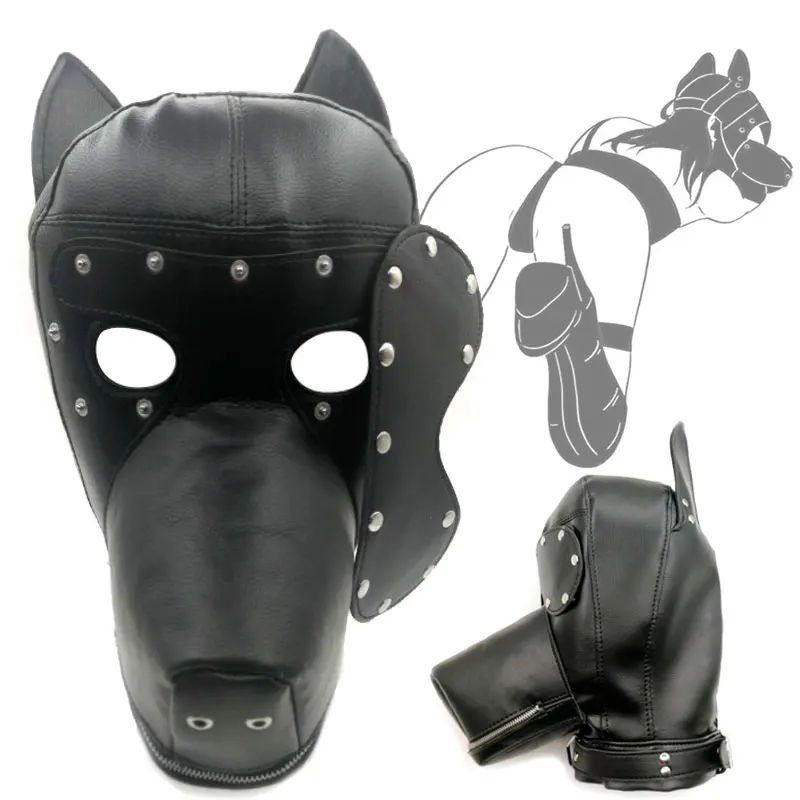 

Leather Fetish BDSM Puppy Mask Porn Dog Hood Halloween RolePlay Eyes Head Sex Toy for Gay Harness Restraints Bondage Headgear