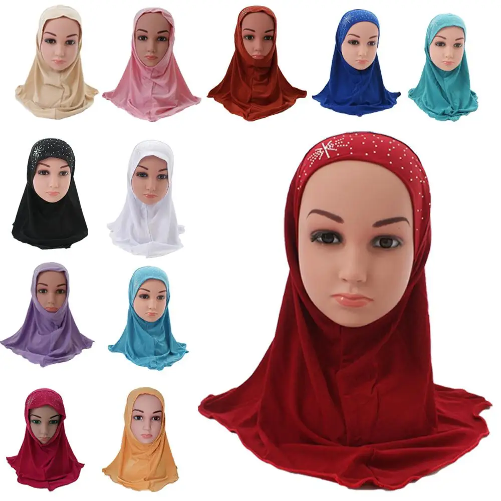 Kid Girls Islamic Muslim Arab Hijab Scarf School Rhinestone Child Headwear Abaya Nace Cover Bonnet Shawl Wrap Headscarf 2-6Y