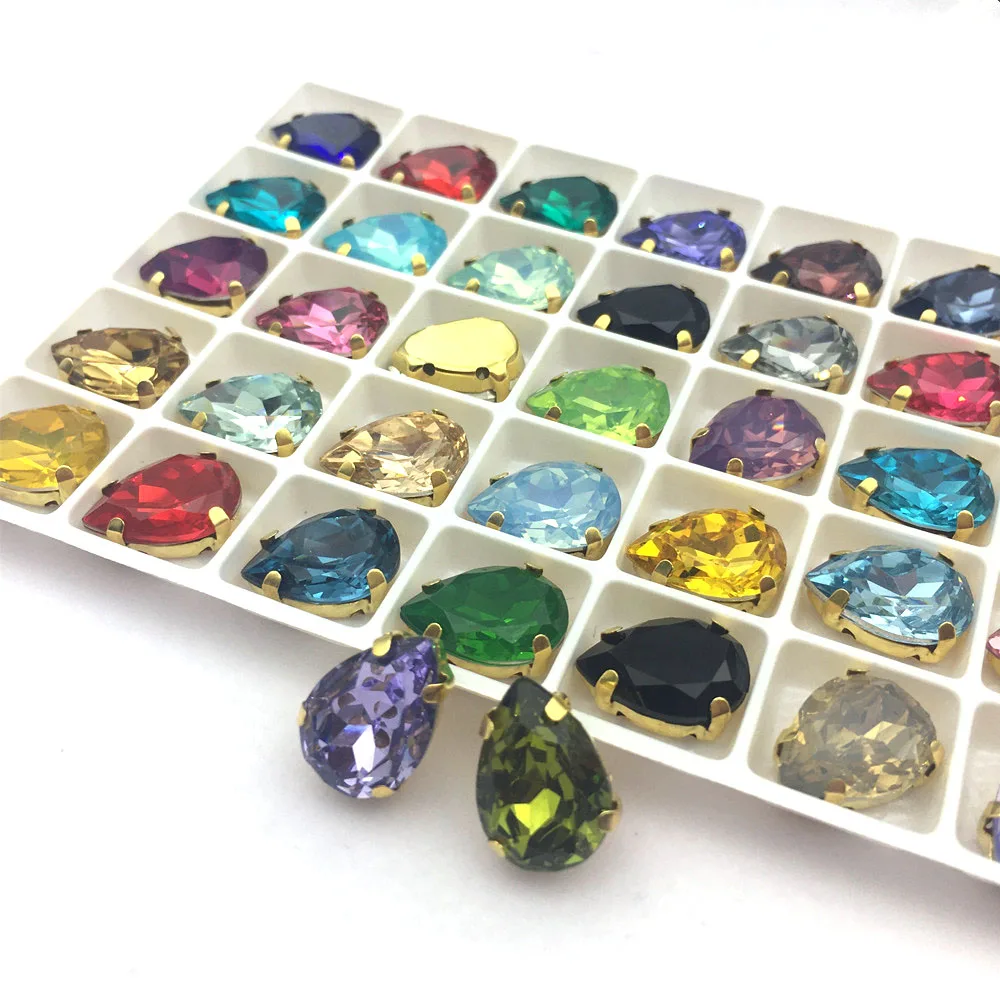 

Hot Sale Teardrop 10x14mm 13x18mm Resin Sew On Rhinestones With Gold Claw Pear Fancy Crystal Sewing Rhinestones for Needlework