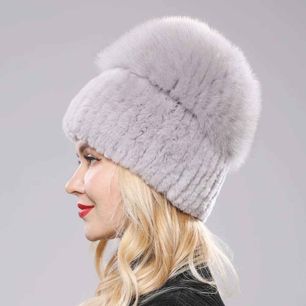 New Women Winter Luxury Real Rex Rabbit Fur Hat Knitted Rex Rabbit Fur Hat Top Natural Fox Fur Cap Genuine Fox Fur Beanies Hat