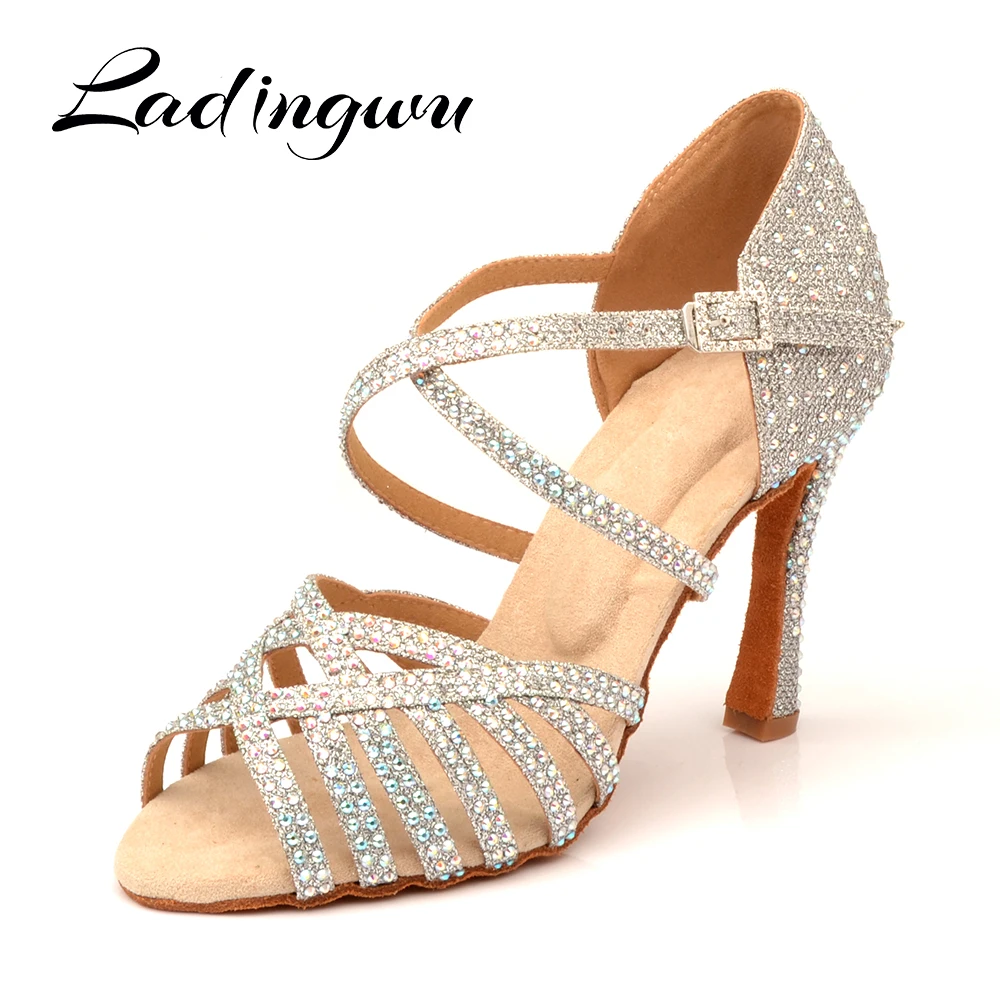 

Ladingwu Latin Dance Shoes Women Party Dance Shoes Four-color Optional Shining Rhinestones Salsa Dance Shoes Sandals Cuban Heel