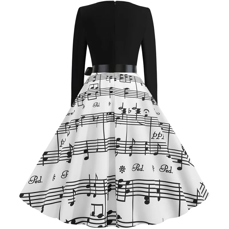 Women Long Sleeve Winter Vintage Dresses Sexy Black Music Note Print V-neck Rockabilly Pin up Party Dress Vestidos Plus size
