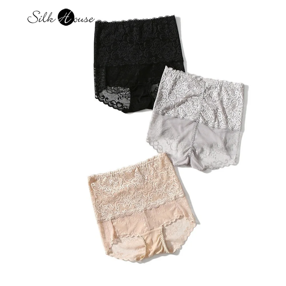 

2021 Summer New High Waist Belly Holding Small Belly Killer Elastic Lace Silk Bottom Safety Underwear Women's 3 Pairs/pack