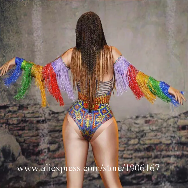 Sexy Lady Colorful Stage Performance Costume Female Singer Dance Team Printed Tassel One-piece Clothes