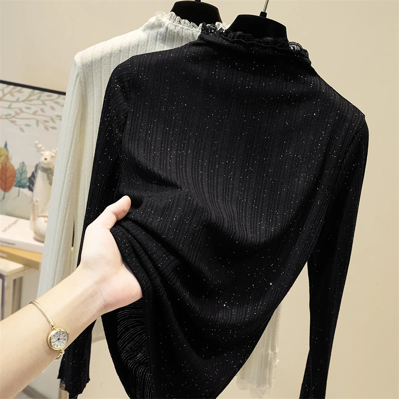 

2022 NEW Autumn Winter Knitted Pullover Women's Clothing Lace Half-high collar Long-sleeved Sweater Slim Tops D583