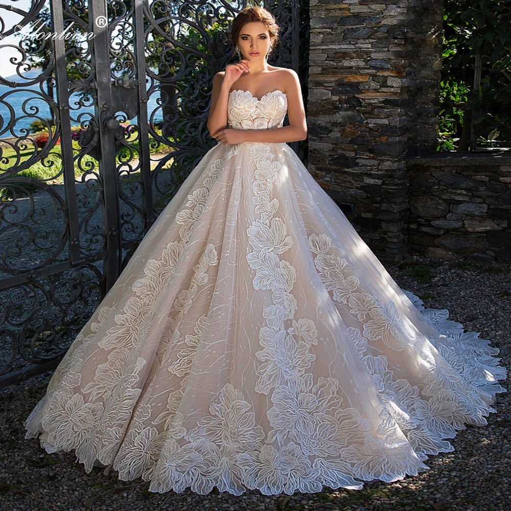 Alonlivn Gorgeous Lace Of Strapless A Line Wedding Dresses With Corset Back Court Train