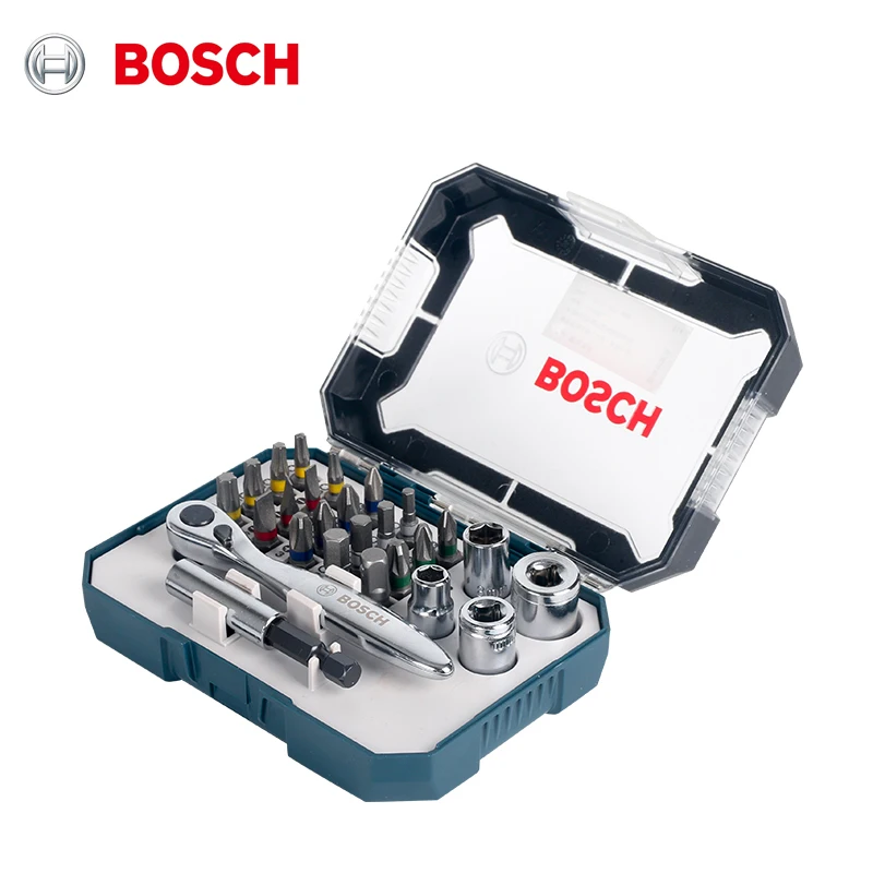 Bosch-Juego de brocas de Metal, destornillador eléctrico, llave de trinquete, 26 piezas