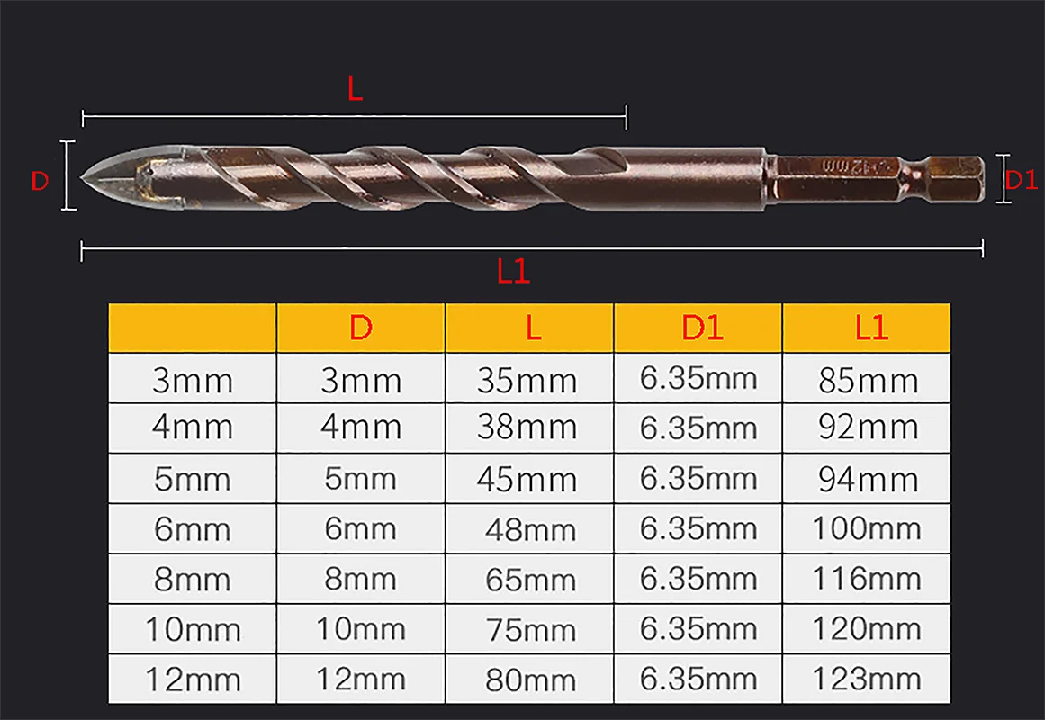 3 4 5 6 7 8 10 12mm hexagon shank four-blade drill bit, can be used for glass, ceramic, metal drilling, concrete drill bit