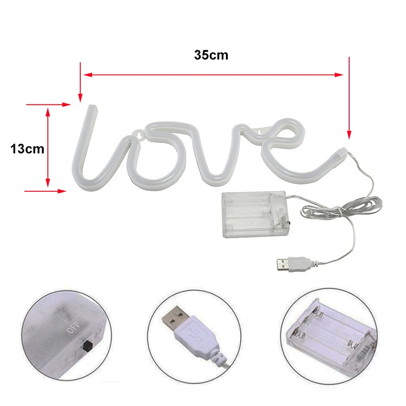 Luces LED de neón con forma de amor, lámpara de señal nocturna (Caja de batería + USB), luz nocturna de doble alimentación para interiores, Navidad