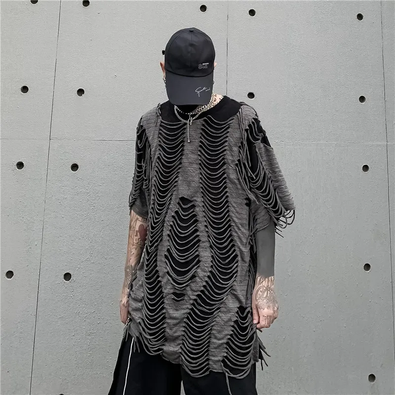 Original national tide high street loose short-sleeved T-shirt male ins lazy wind hole cut mesh nightclub half-sleeved t-shirt