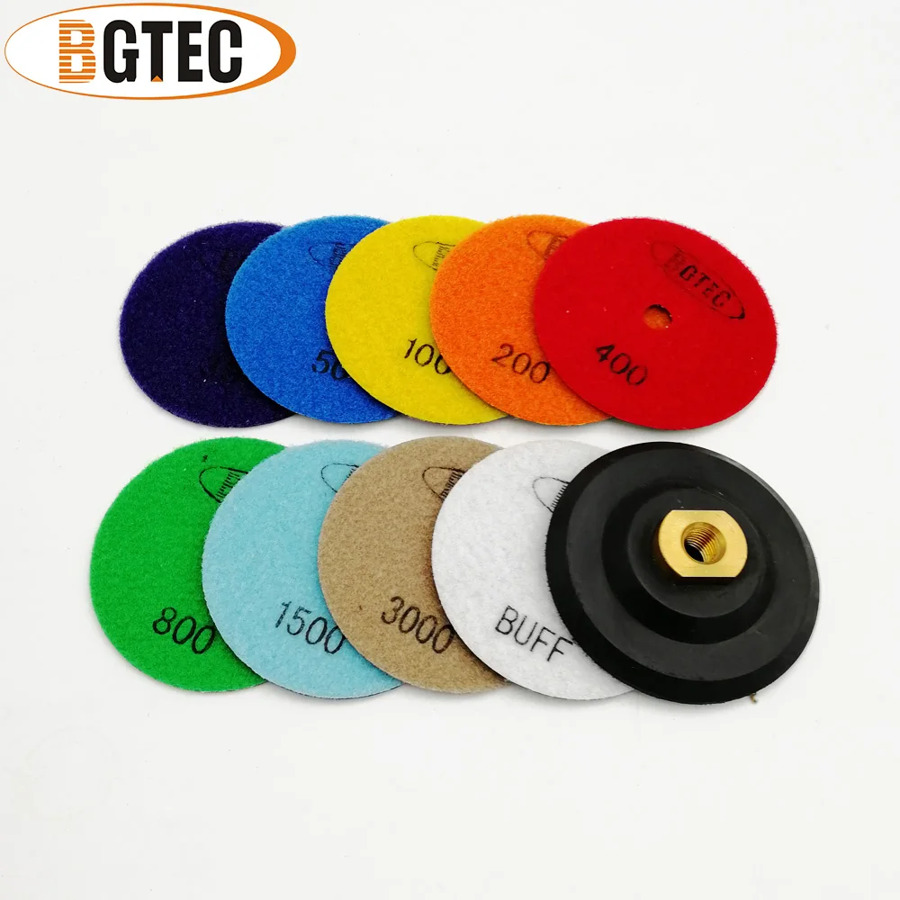 BGTEC 9pcs/set 100mm Dry Diamond Polishing Pad for Granite Marble Mixed Grits plus a M14 Rubber backer