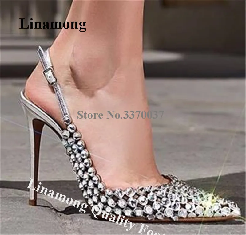 

Linamong Bling Bling Rhinestones Stiletto Heel Pumps Charming Silver Nude Black Crystals High Heels Wedding Dress Heels