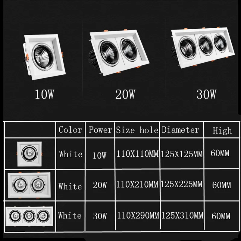 angle adjustable LED downlights LED Spot Recessed square COB 10w 20W 30w LED Spot light LED decoration Ceiling Lamp AC110V 220V