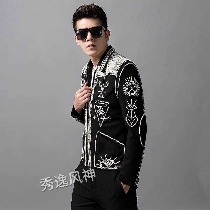 Autumn New Blazer Men Handmade Beaded Rivet Zipper Jacket Korean Personality Embroidery Mens Coat Nightclub Male Singer Costume