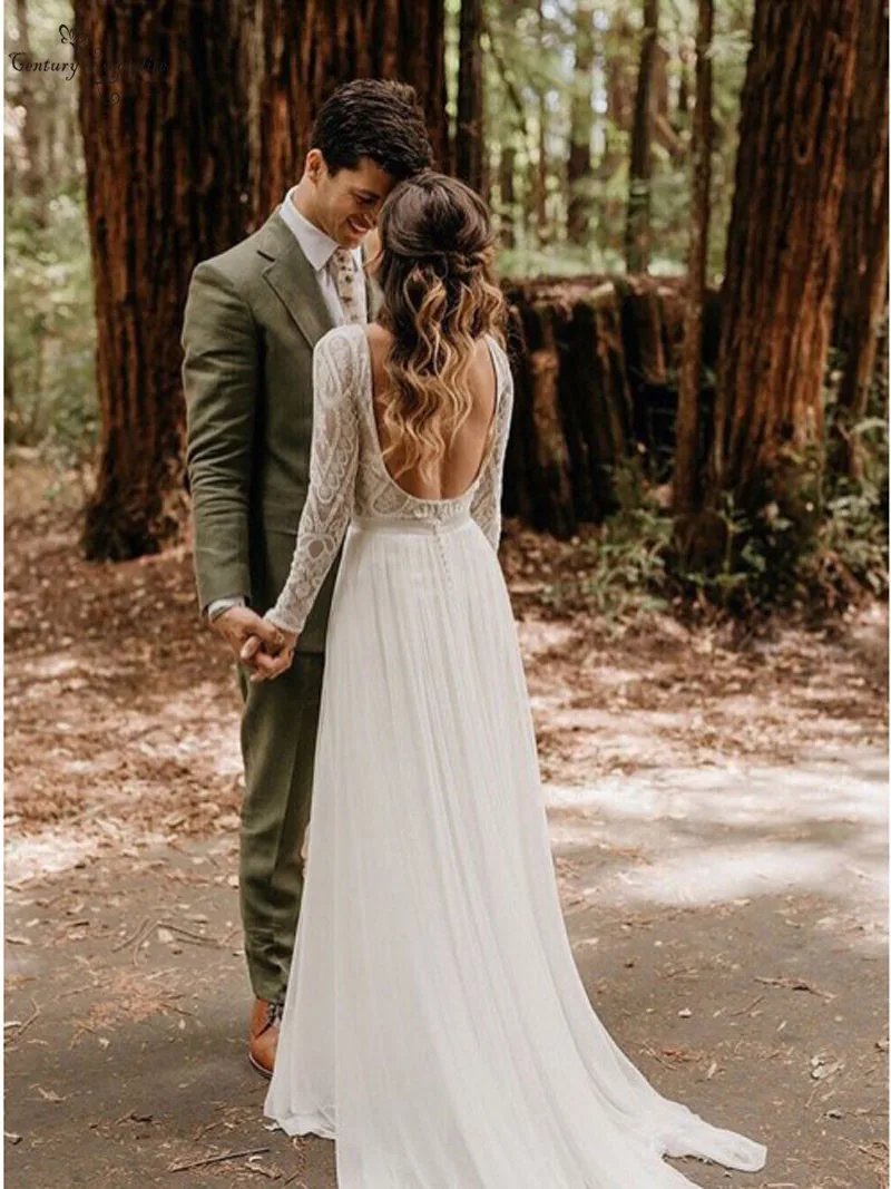 Vestido De novia De encaje bohemio para mujer, vestidos De novia De manga larga con Espalda descubierta, para playa, 2020