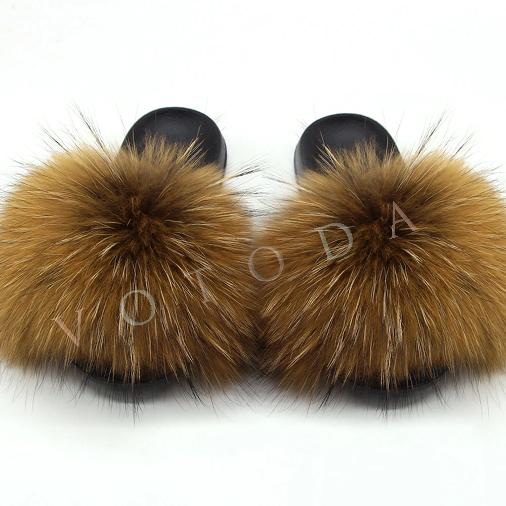 Summer Women Fur Slippers Woman Fluffy Raccoon Fox Fur Slides Female Furry Outside Flat Flip Flop Ladies Rainbow Slip On Sandals