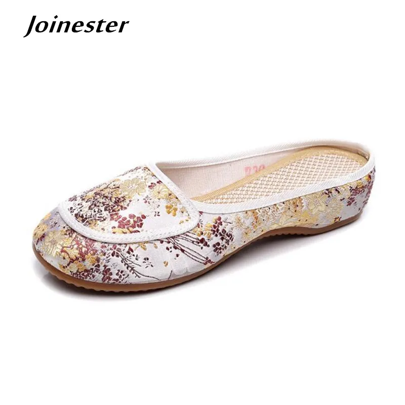 Spring Summer Women Outdoor Slippers Ethnic Embroidered Ladies Canvas Slides Fashion Backless Sandals for Female Leisure Mules