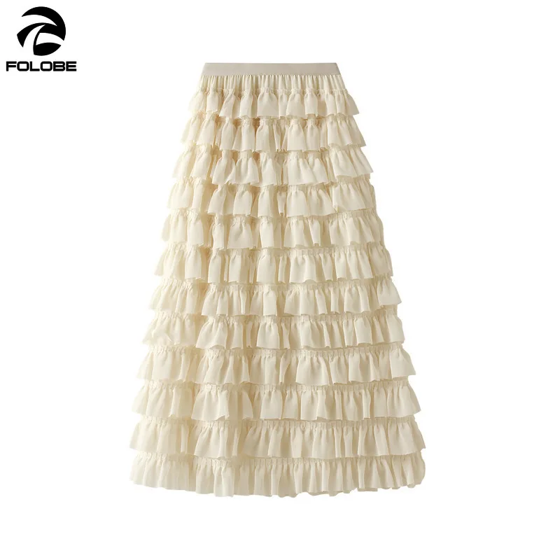 

FOLOBE 2021 Fashion Cake Skirt Women Tiered Ruffles A Line Chiffon Elastic High Waist Black White Solid Midi Skirts Female