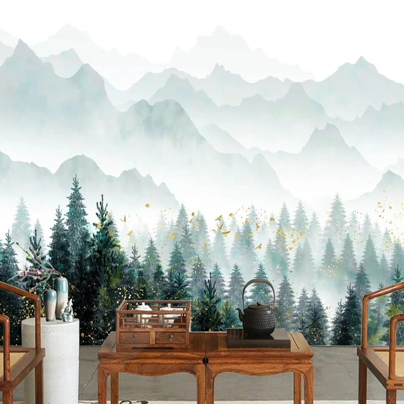 Custom Any Size Waterproof Wallpaper Chinese Style Forest Mountains Birds Photo Wall Mural Papel De Parede 3D Wall Sticker