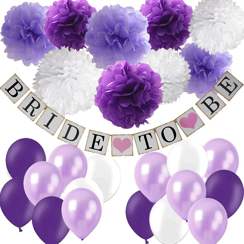 Décorations de fête de mariage, ballon en Latex violet lavande, bannière en papier Pom poms fleur, fournitures d'anniversaire