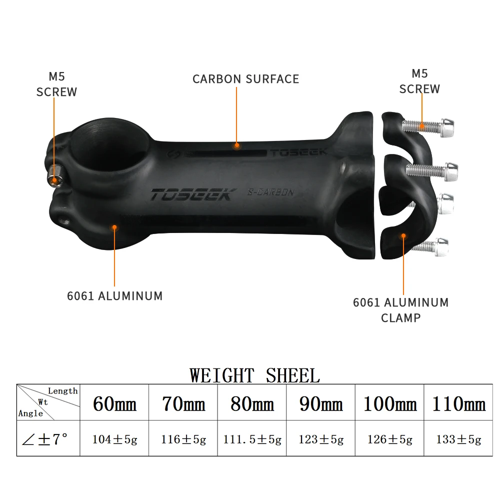 TOSEEK Ultralight Bicycle Handlebar Stem 7 Degree Mtb Stem Carbon Full Coverage Power Mtb 31.8mm Bike Stem Riser Bicycle Parts