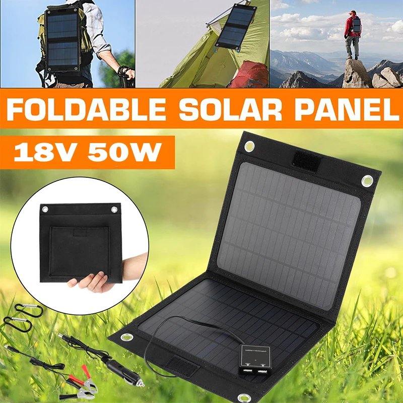 

Outdoor 18V 50W Solar Cells Charger Foldable Solar Panel Mobile Power Bank for Phone Battery USB Port DIY Emergency Power Supply