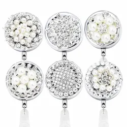 1PCS Bling Rhinestone Pearl Badge Reel ID Retractable Badge Holder Belt Clips Metal Heavy Duty Steel Wire Cord