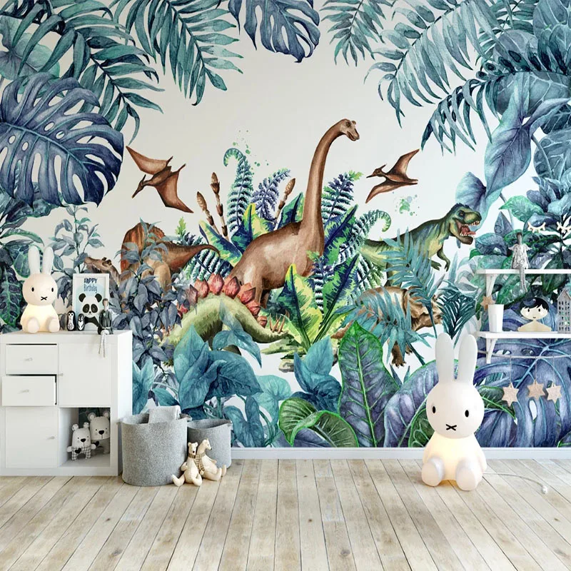 

Custom Self-Adhesive Wallpaper 3D Tropical Plant Cartoon Dinosaur Animal Murals Children's Bedroom 3D Waterproof Wall Stickers