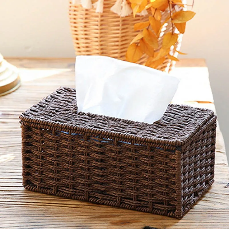 Rattan Tissue Box Vintage Napkin Holder Case Toilet Tissue Box Storage Container Cover For Home Living Room Desk Decoration