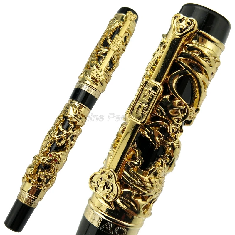 Jinhao Luxury Dragon Phoenix Fountain Pen, Metal Carving Embossing Heavy Pen, Golden & Black For Business Gift Pen