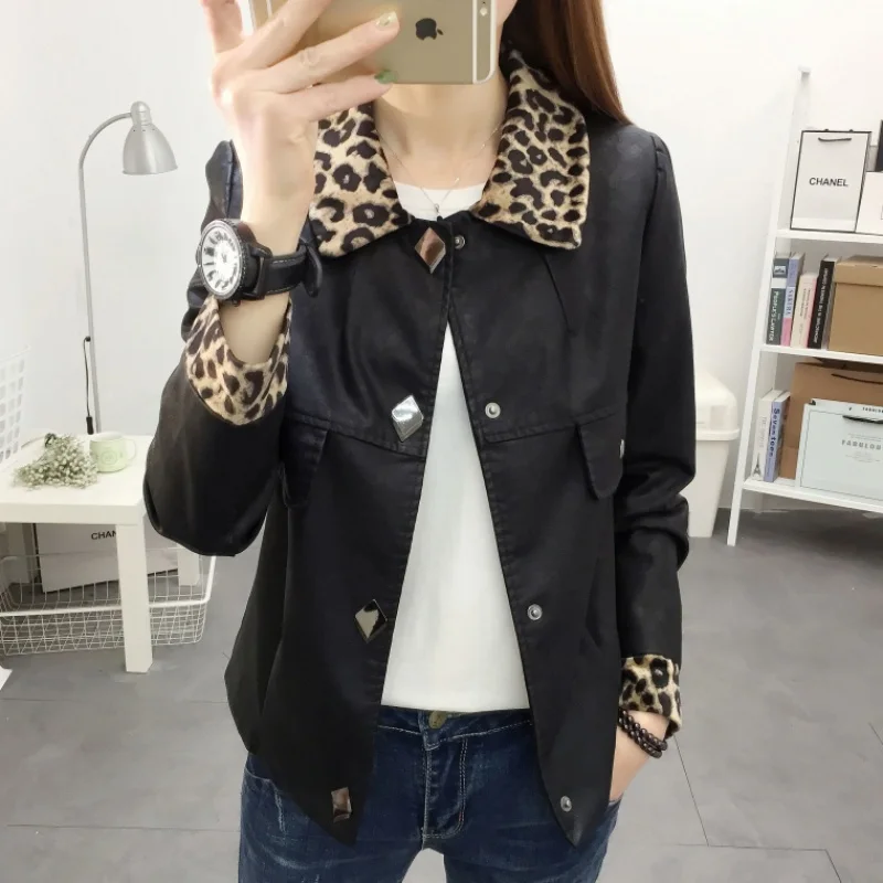 Leopard patter Pu leather jacket female new handsome single breasted trend leather motorcycle clothing jacket F102