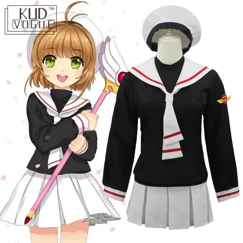 Cardcaptor Card Captor Sakura Kinomoto Sakura Cosplay Costume Anime Girl School Uniform Coat+ Skirt +Hat +Track Lolita Dress Set