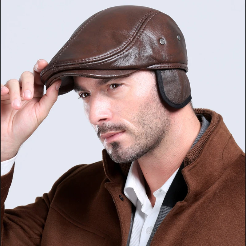 Fashion British Beret Men Genuine Leather Flat Cap Brown Male Earflaps Vintage Ivy Hats Autumn Luxury Directors Caps Gatsby