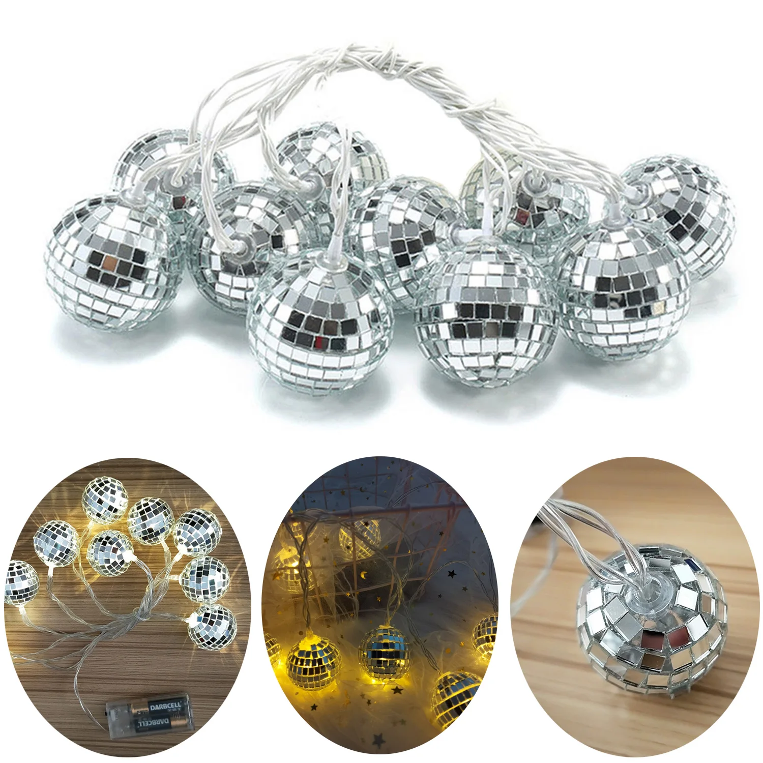 Led Disco Ball String Lights Reflective Glass Rotating Mirror Ball Lamp For Wedding New Year Christmas DJ Disco Party Home Decor