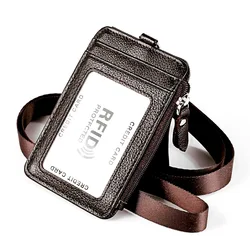 Employee ID Card Badge Holder Genuine Leather Business Bank Credit Card Lanyard Pass Bus Cards Credentials Clip with Neck Strap