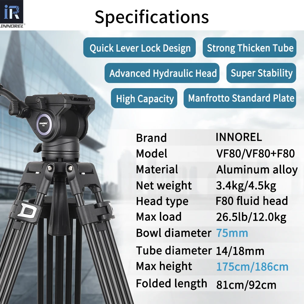 Imagem -02 - Innorel Vf80 Tripé de Alumínio Vídeo Pesado Profissional com Cabeça Fluida Hidráulica F80 para Dslr Câmera Filmadora Slider 12kg Carga