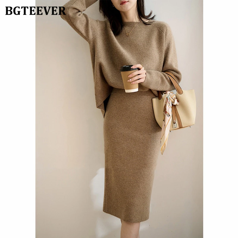 BGTEEVER Elegant Ladies Knitted Skirt Set Long Sleeve Sweaters Tops & Elastic Waist Split Skirts 2021 Winter Women 2 Pieces Set