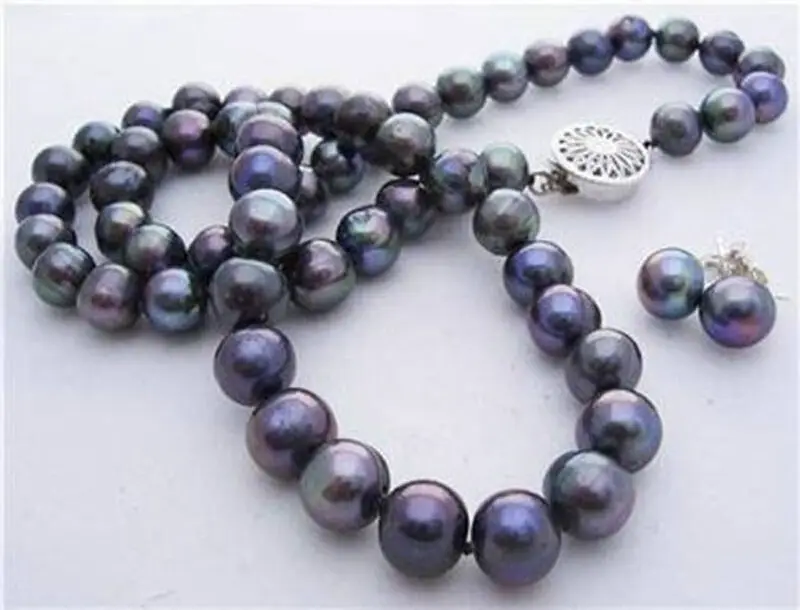 

Long 22" 8-9mm Natural Black Akoya Cultured Pearl Necklace + Earrings Set AA+