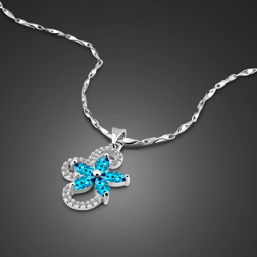 High Quality Blue Zircon Flowers Necklace Exquisite Pendant for Women 925 Sterling Silver Jewelry Party Girls Accessories